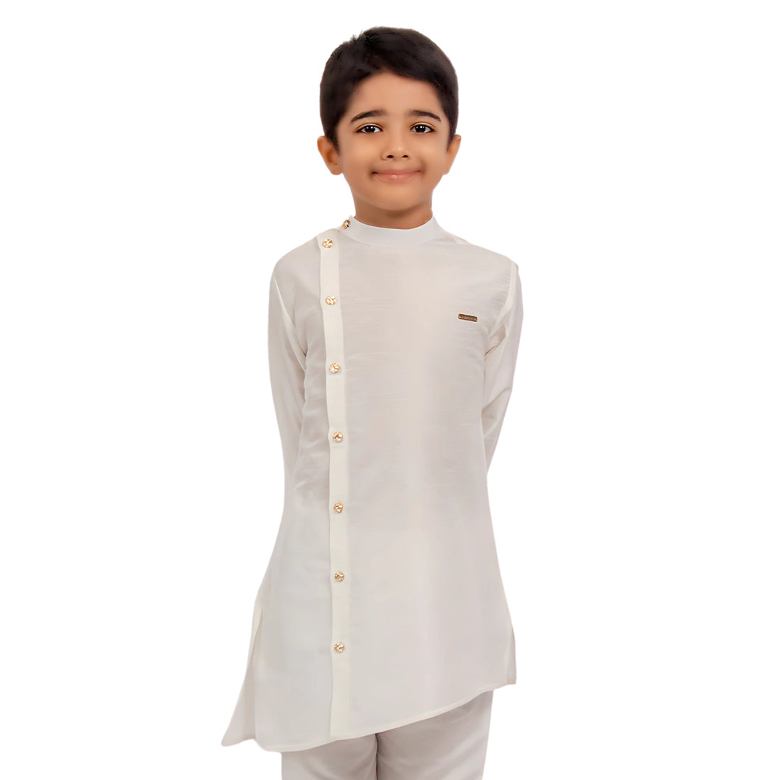 Boys' White Dupion Kurta & Pyjama Set – Asymmetric