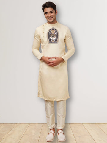Men's Beige Cotton Kurta Set – Ethnic Print & Side Placket