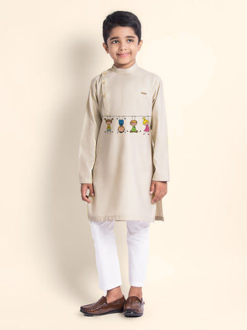 Boys' Beige Cotton Kurta Set – Printed