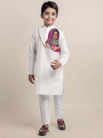 Boys' White Dupion Kurta Set – Printed