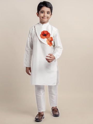 Boys' White Dupion Kurta Set – Printed