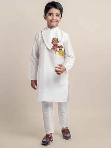 Boys' White Dupion Kurta Set – Printed