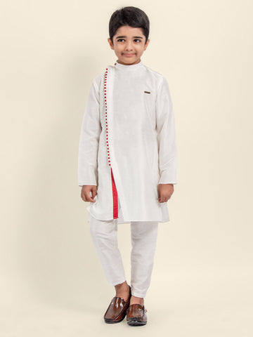 Boys' White Dupion Kurta & Pyjama Set – Asymmetric