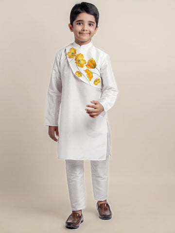Boys' White Dupion Kurta Set – Printed