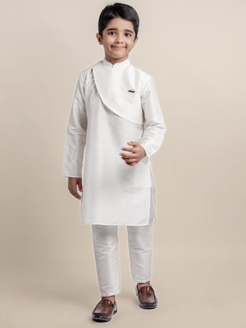 Boys' White Dupion Kurta & Pyjama Set – Asymmetric