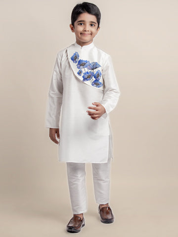 Boys' White Dupion Kurta Set – Printed