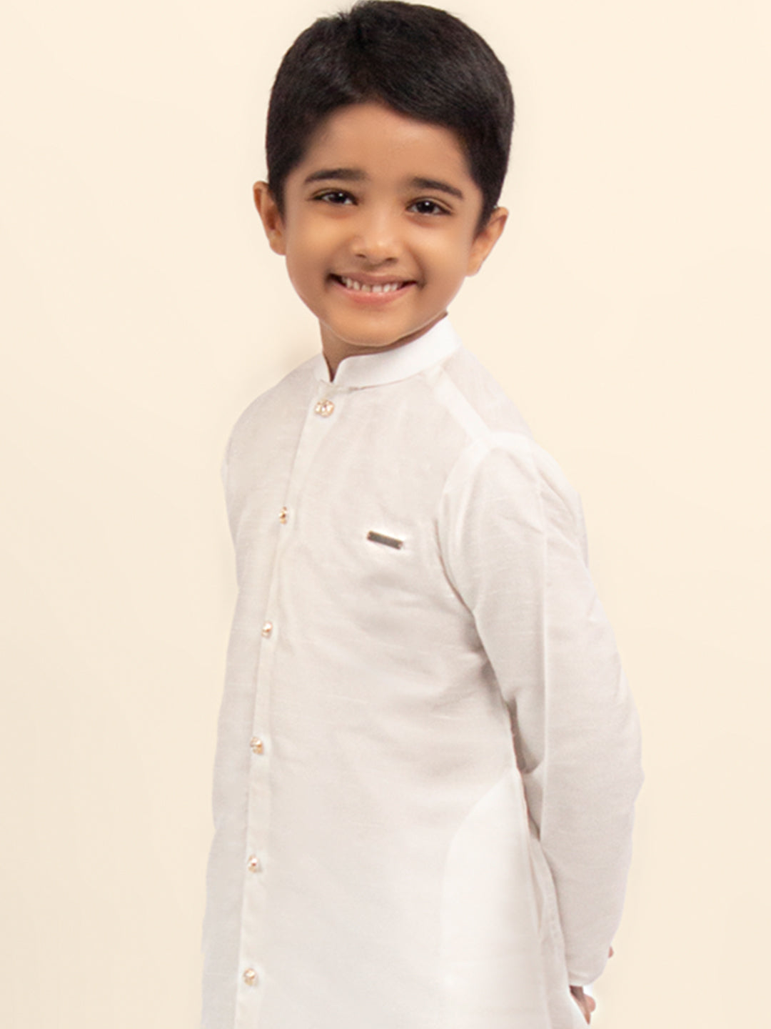 Boys' White Dupion Kurta & Pyjama Set – Asymmetric