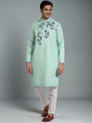 Men's Green Cotton Kurta Set – Ethnic Print & Side Placket