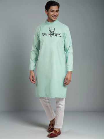 Men's Green Cotton Kurta Set – Ethnic Print & Side Placket