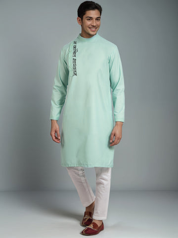 Men's Green Cotton Kurta Set – Ethnic Print & Side Placket