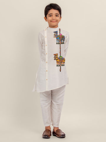 Boys' White Dupion Kurta Set – Printed