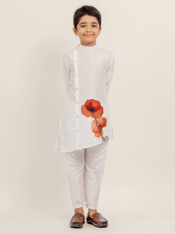 Boys' White Dupion Kurta Set – Printed