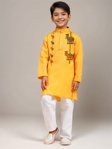 Boys' Yellow Cotton Kurta Set – Printed