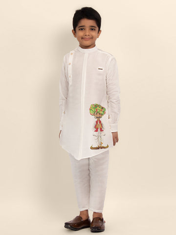 Boys' White Dupion Kurta Set – Printed