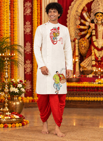 Men's White Cotton Kurta with Dhoti Set – Ethnic Print & Side Placket