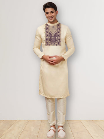 Men's Beige Cotton Kurta Set – Ethnic Print & Side Placket