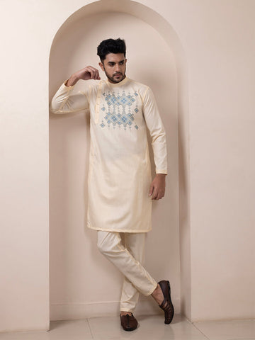 Men's Beige Cotton Kurta Set – Ethnic Print & Side Placket