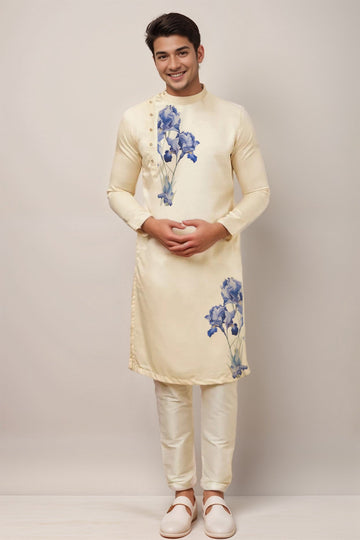 Men's Beige Cotton Kurta Set – Ethnic Print & Side Placket