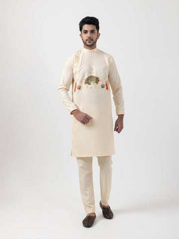 Men's Beige Cotton Kurta Set – Ethnic Print & Side Placket
