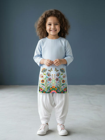 Girls' Sky Blue Cotton Kurti Set – Ethnic Print