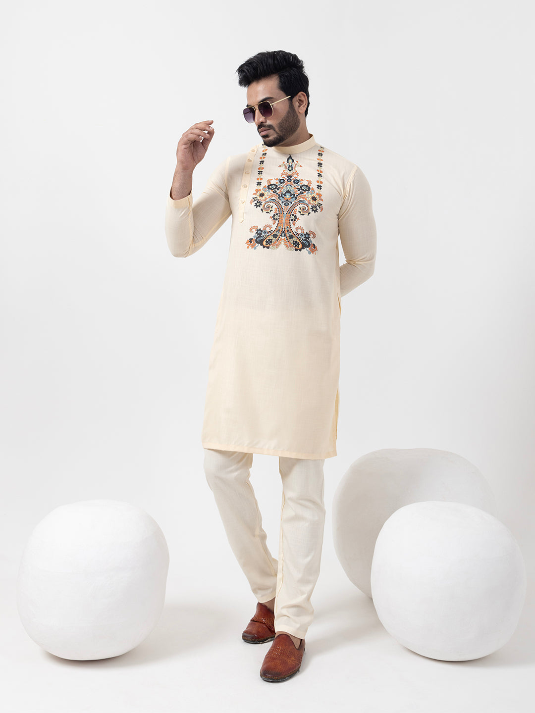 Men's Beige Cotton Kurta Set – Ethnic Print & Side Placket