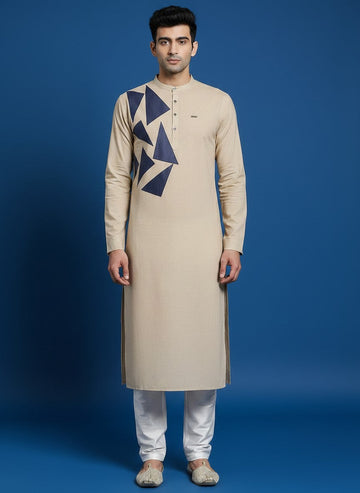 Men's Beige Cotton Linen Kurta Set – Ethnic Print & Side Placket