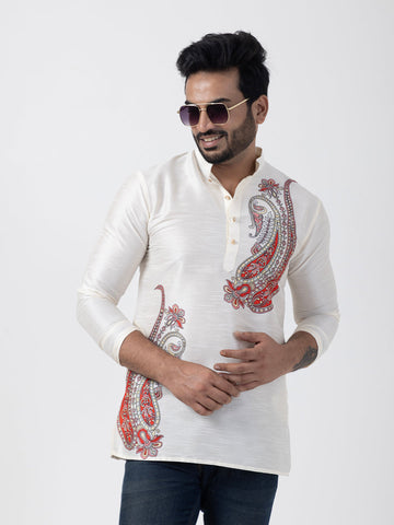 Men's White Art Silk Short Kurta – Ethnic Print