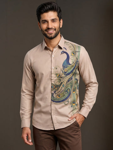 Men's Beige Cotton Shirt – Ethnic Print