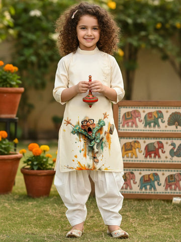 Girls' Beige Cotton Kurti Set – Ethnic Print