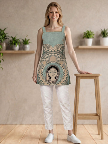 Women's Sea Green Cotton Sleeveless Top – Floral Print