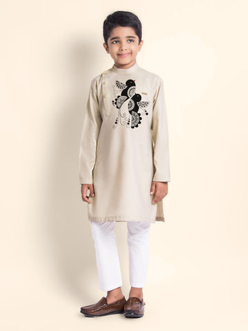 Boys' Beige Cotton Kurta Set – Printed