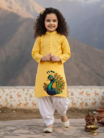Girls' Yellow Cotton Kurti Set – Ethnic Print