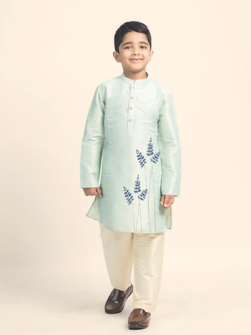 Boys' Green Dupion Silk Kurta Set – Printed