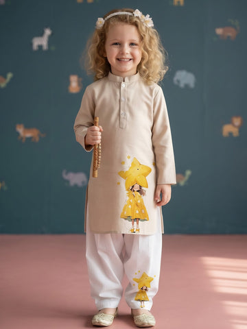 Girls' Beige Cotton Kurti Set – Ethnic Print