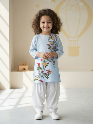 Girls' Sky Blue Cotton Kurti Set – Ethnic Print