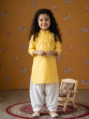 Girls' Yellow Cotton Kurti Set – Solid