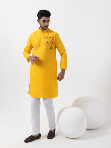Men's Yellow Cotton Kurta Set – Ethnic Print