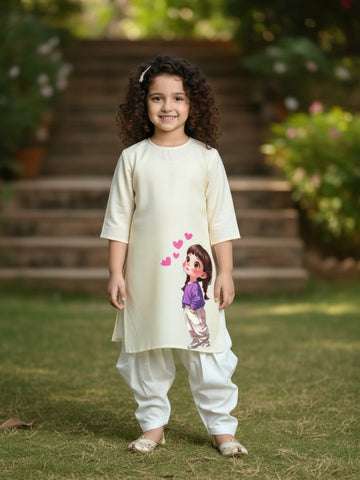 Girls' Beige Cotton Kurti Set – Ethnic Print