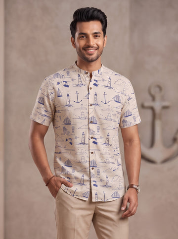 Men's Beige Cotton Shirt – Ethnic Print