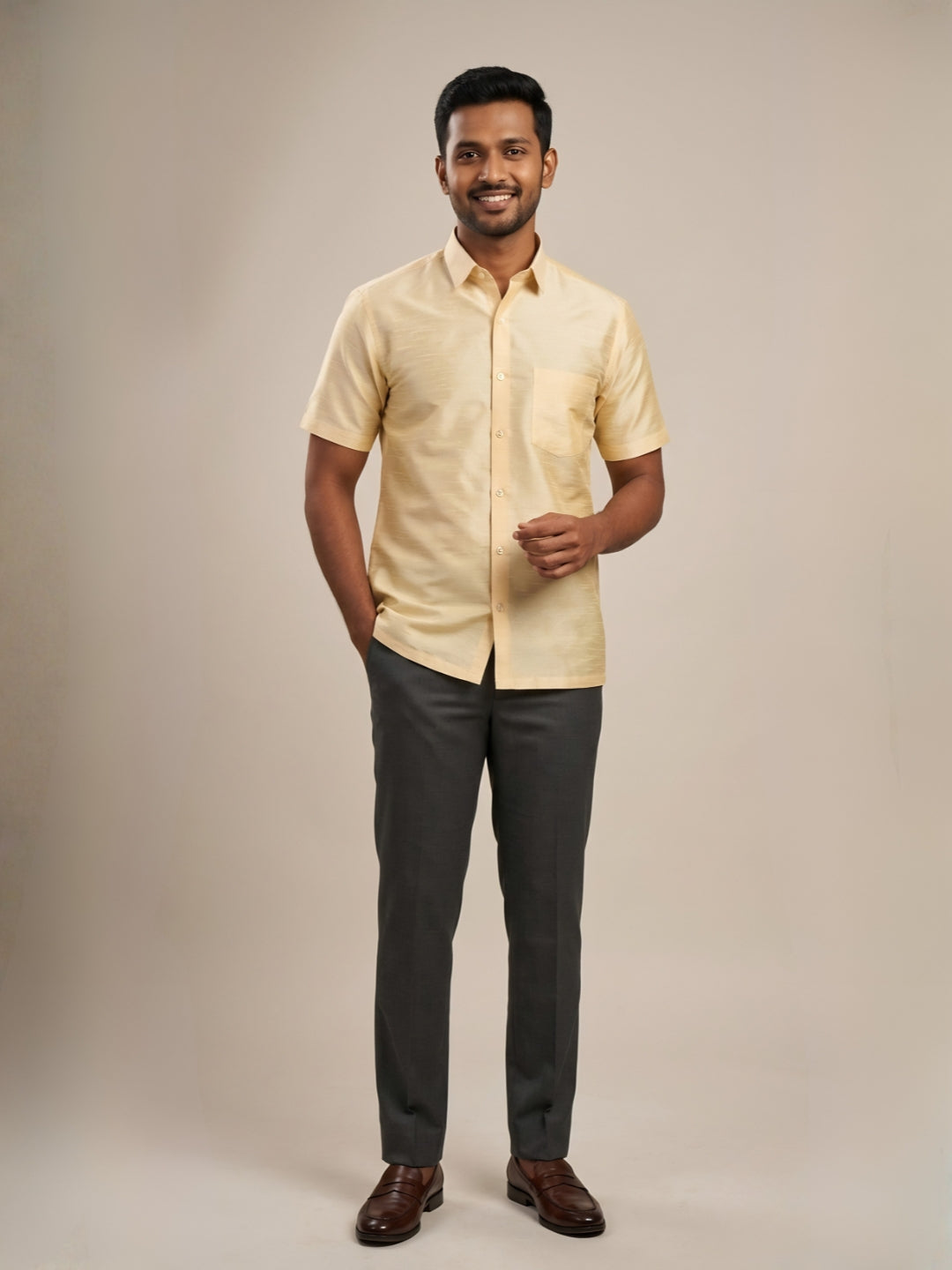 Men's Beige Art Silk Shirt – Textured