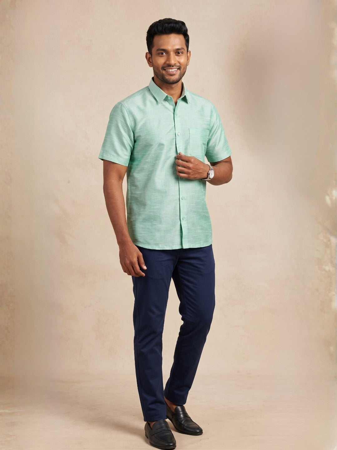 Men's Green Art Silk Shirt – Textured