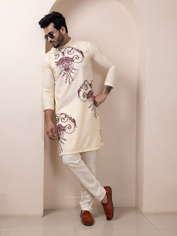 Men's Beige Cotton Kurta Set – Ethnic Print & Side Placket