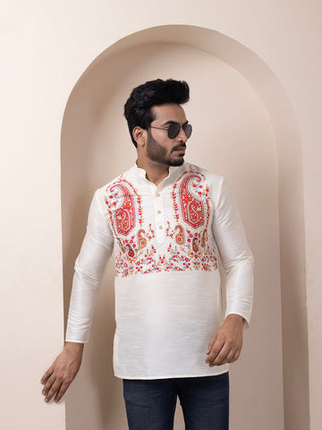 Men's White Art Silk Short Kurta – Ethnic Print