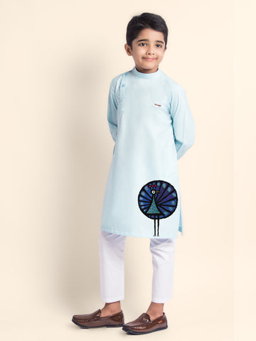 Boys' Sky Blue Cotton Kurta & Pyjama Set – Printed