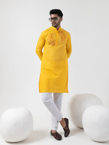 Men's Yellow Cotton Kurta Set – Ethnic Print