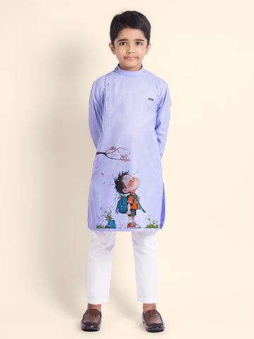 Boys' Purple Cotton Kurta & Pyjama Set – Printed