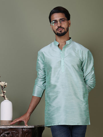 Men's Blue Art Silk Short Kurta – Solid