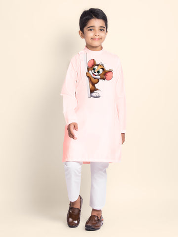 Boys' Pink Cotton Kurta & Pyjama Set – Printed