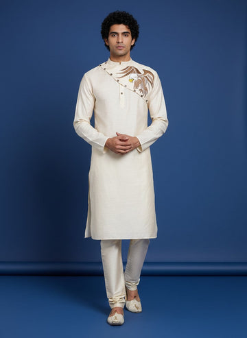 Men's Beige Pure Silk Kurta Set – Ethnic Print & Side Placket