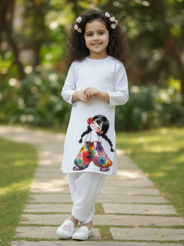 Girls' White Cotton Kurti Set – Ethnic Print